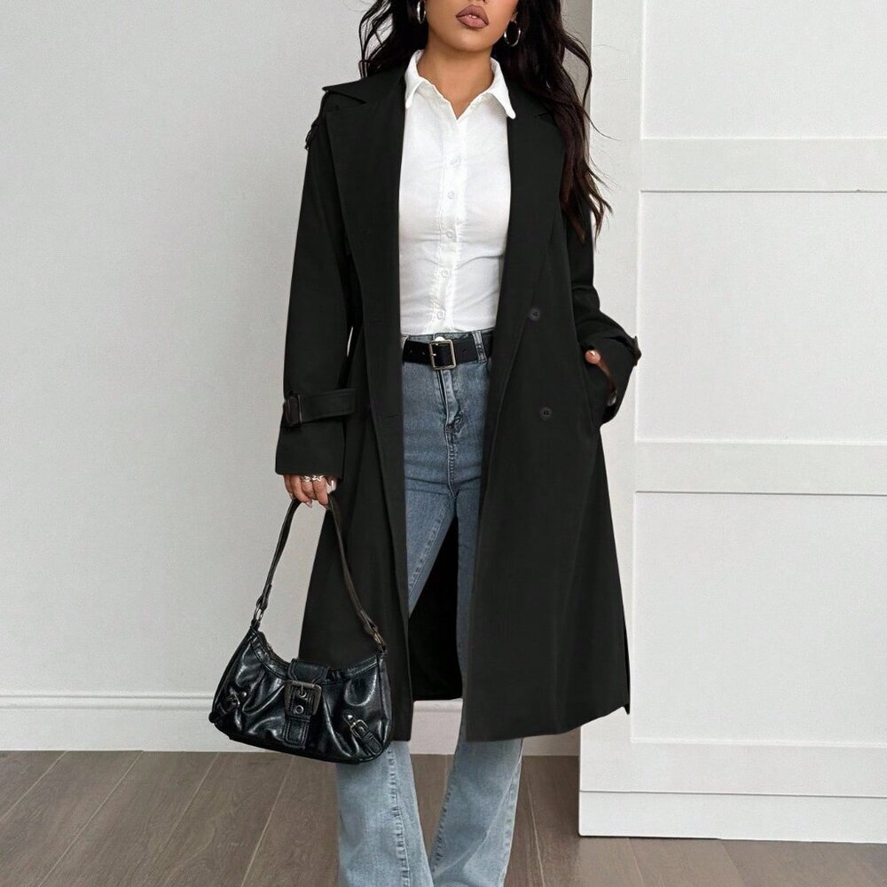 Black Casual Women's Commute Thermal Lined Trench Coat